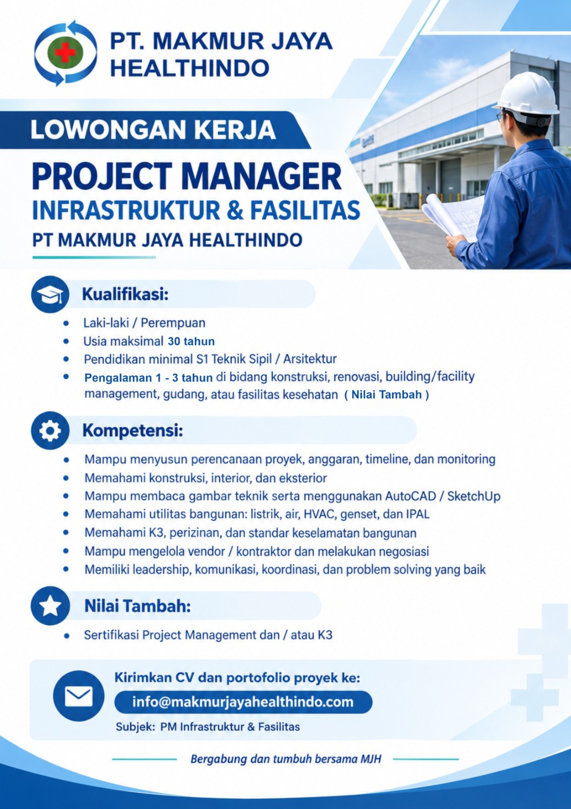 Lowongan Kerja Project Manager Infrastruktur dan Fasilitas PT. Makmur Jaya Healthindo